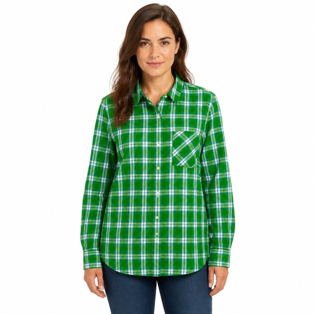 Tommy Hilfiger Button Down Shirt Women XL Green Plaid Roll Tab J32MF530